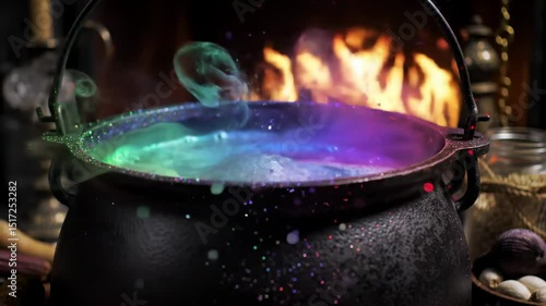 Colorful smoke rising from cauldron