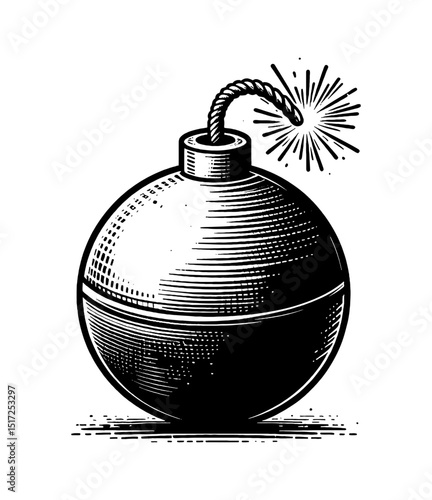 Illustration of a Classic Round Bomb with a Fuse in Black and White Style