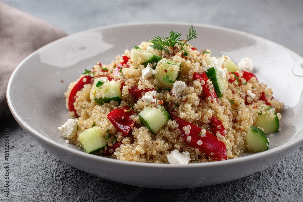 A light and healthy quinoa salad featuring diced red bell peppers, cucumbers, crumbled feta cheese, and fresh herbs, served in a shallow gray bowl on a textured surface A light and healthy quinoa salad featuring diced red bell peppers, cucumbers, crumbled feta cheese, and fresh herbs, served in a shallow gray bowl on a textured surface