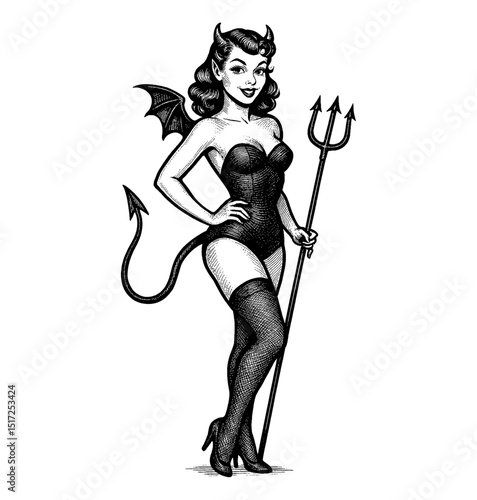 Attractive Pinup Woman in Devil Costume with Pitchfork Standing and Posing with Happy Expression