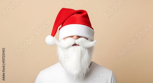 Santa's Disguise: Red Hat and White Beard on Beige Background