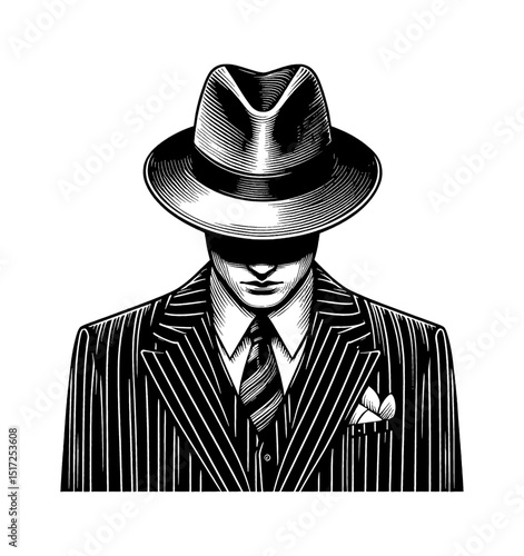 Mysterious man in pinstripe suit and fedora hat, low key, no face, vintage style
