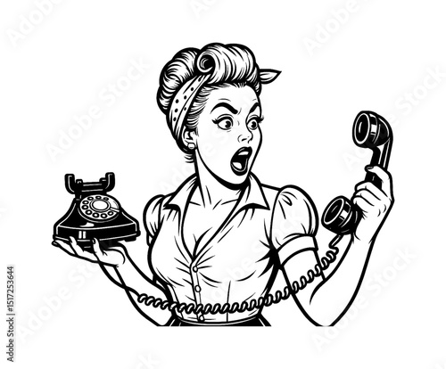 Surprised pinup woman holding telephone receiver and vintage telephone line art