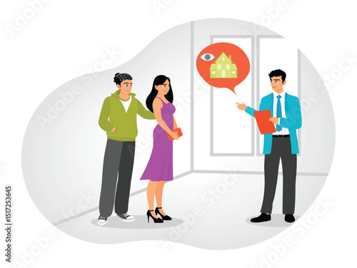 Real Estate Tour Concept. Property Agent Conducts Home Tour with Interested Couple.
