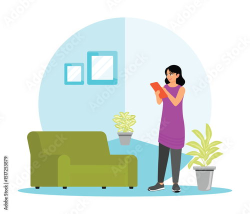 Home Decorating Concept. Woman Checks Suitability of Room Decoration and Furniture Using Tablet.