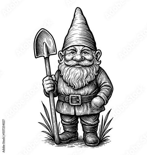 Illustration of a happy gnome holding a shovel, black and white line art detailed drawing