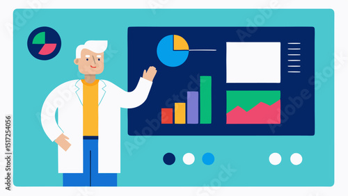 Interactive Data Display A splitscreen illustration where one side shows the doctor gesturing towards a large digital screen full of colorful graphs related to longevity.