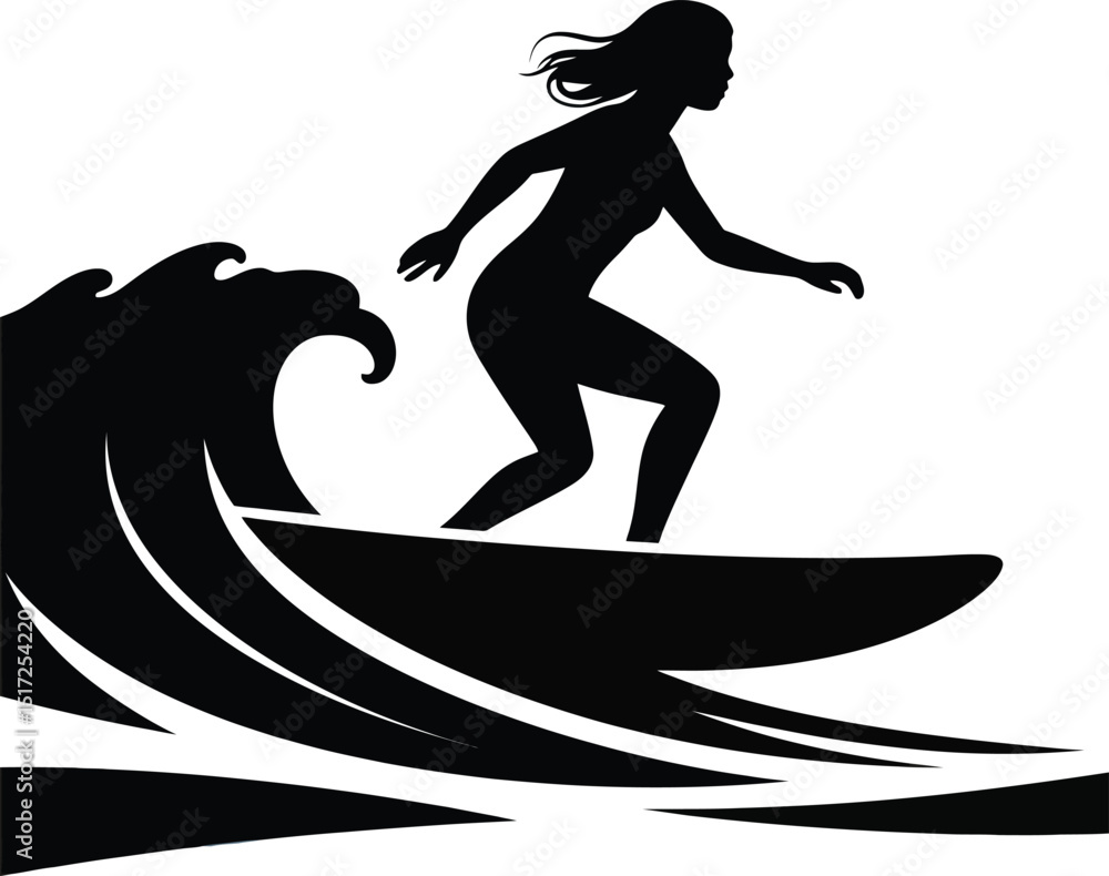 A silhouette of a woman surfing on a wave in the ocean on a white background with black contrast A silhouette of a woman surfing on a wave in the ocean on a white background with black contrast