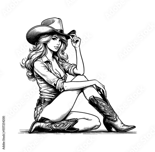 Attractive Blonde Cowgirl Sitting and Posing in Cowboy Hat and Boots with Black and White Art