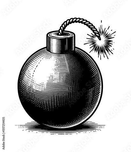 Engraved Style Illustration of a Bomb with Burning Fuse on White Background