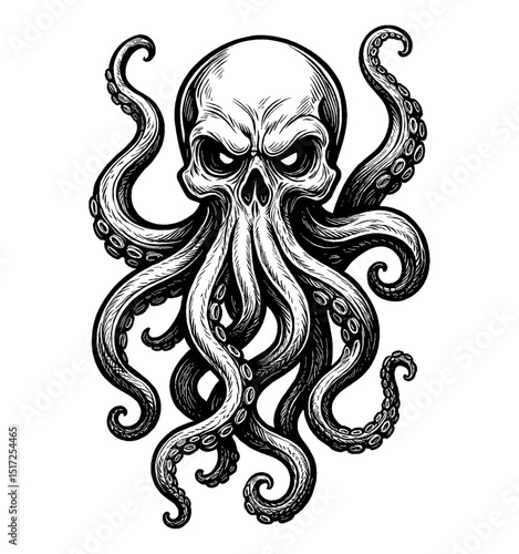 Skull Octopus Illustration in Black and White Ink Drawing Style with White Background