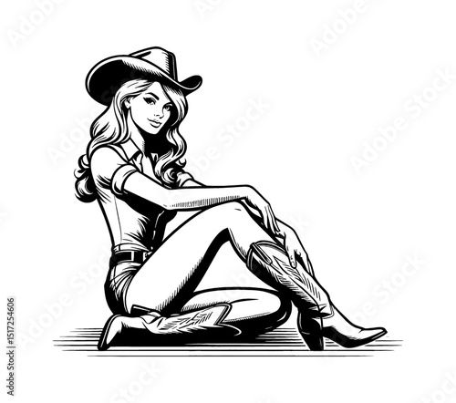 Cowgirl in hat and boots sitting in pinup style outline line art drawing with happy expression
