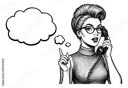 Retro Woman Talking on Phone with Finger Pointed and Speech Bubble Black and White Engraving Style