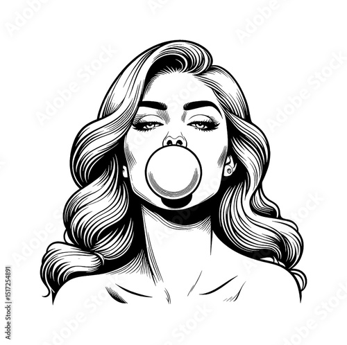 Illustration of a Woman Blowing a Bubble Gum with Detailed Black and White Line Art