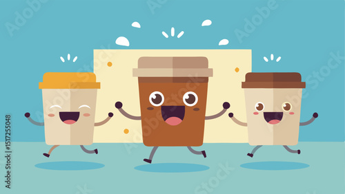 Caffeine Boost A group of animated coffee cups with smiling faces cheering on early morning shoppers as they rush into a store steaming with excitement.