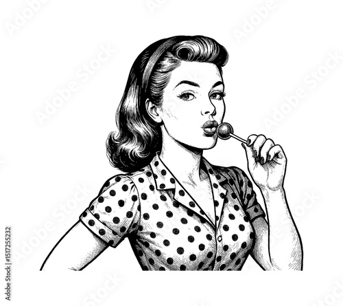 Pinup Woman with Lollipop in Polka Dot Shirt with Kissing Face Expression Line Art