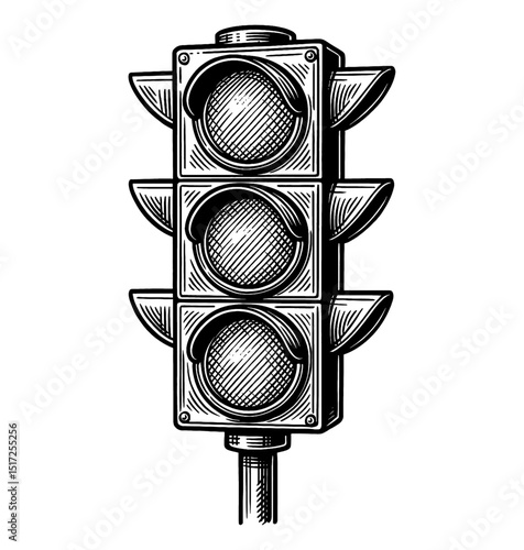 Illustration of a traffic light in engraved style isolated on white background.