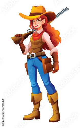 Cowgirl holding rifle with cheerful smile and readiness for adventure. Vector cartoon character illustration