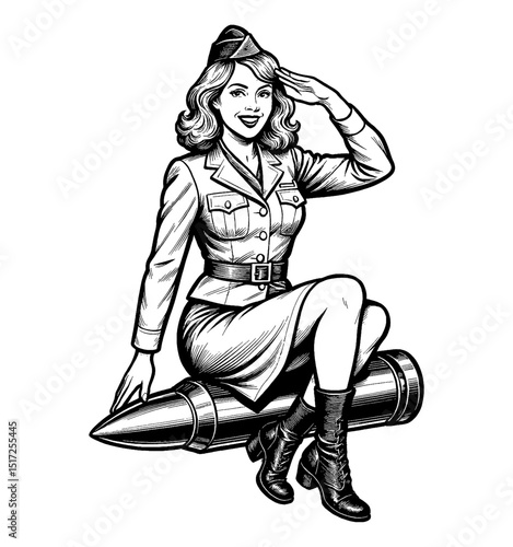 Smiling Woman Saluting While Sitting on Bomb in Military Uniform Detailed Line Art