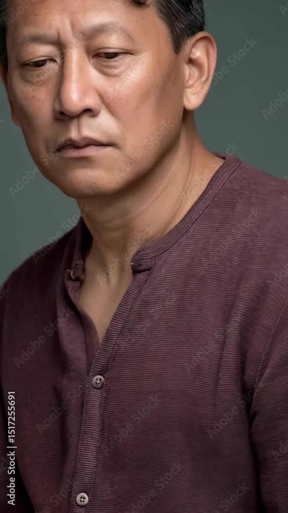 Portrait of a middle-aged Asian man looking directly at the camera with a serious expression in a studio environment. Portrait of a middle-aged Asian man looking directly at the camera with a serious expression in a studio environment.