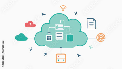 Data Cloud A large fluffy cloud made up of various icons representing data types like numbers graphs and documents with arrows indicating flow into a central processing unit CPU.