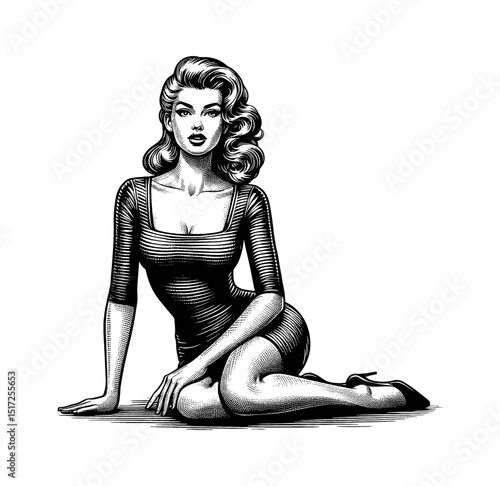 Elegant Caucasian Woman in Dress Sitting on Floor with Retro Hairstyle in Engraved Style