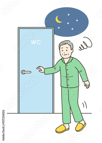 睡眠中に尿意を覚えトイレに行く夜間頻尿に悩む高齢男性のイラスト