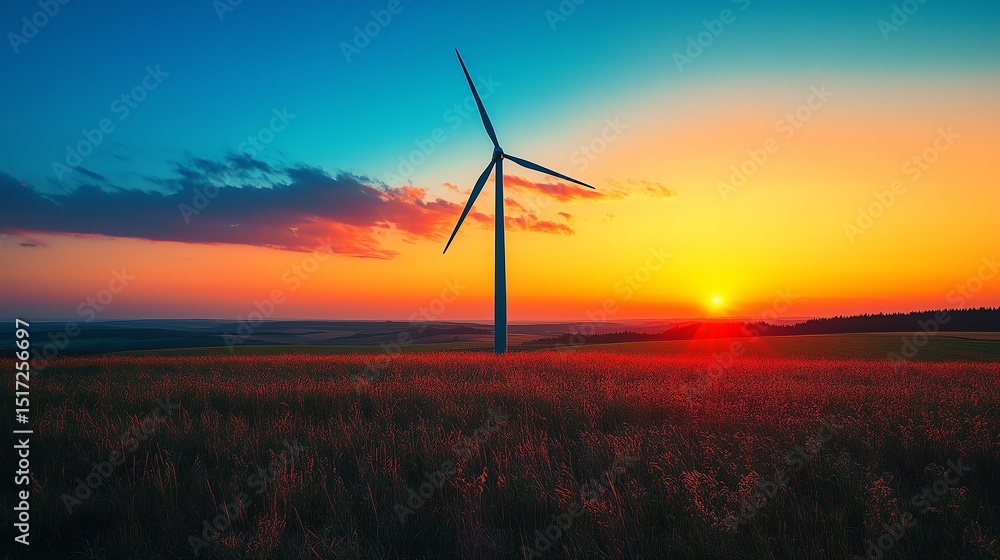 Obraz premium Single windmill silhouette at sunset in rural landscape with minimalist color blocking