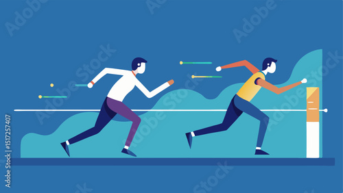 Insight Relay Race A relay race with AI runners passing a baton symbolizing insights to business users on a track lined with data representations indicating the proactive sharing