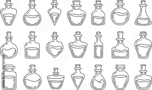 Collection of hand drawn outline potion bottles in various shapes and sizes suitable for design and decoration.