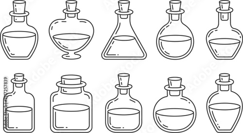 Outlined vector illustration of assorted glass bottles filled with liquid for alchemy or science