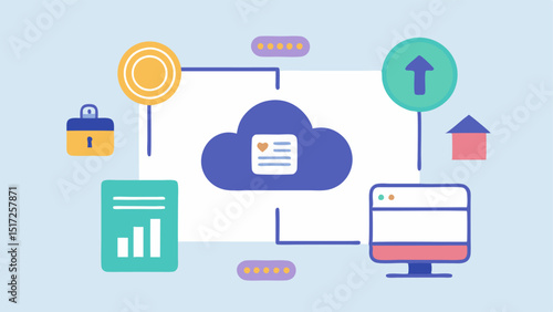 Animated Data Flow Illustrating data transfer with arrows moving from a biometric scanner to a cloudbased storage icon signifying secure data processing.