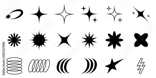 Y2K symbol icon pack featuring trendy star and sparkle elements. Represents early 2000s aesthetics with glossy, shiny, and playful vibes.