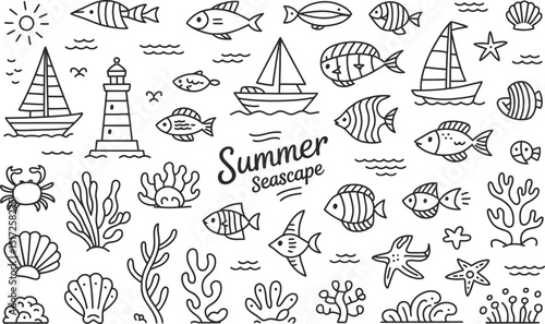 Hand-drawn summer seascape vector illustration featuring fish sailboats lighthouse seashells and coral elements on a white background