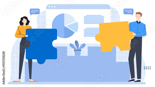 Two people holding puzzle pieces together, ideal for teamwork, collaboration, problem-solving, partnership concepts in business, education, and social contexts.