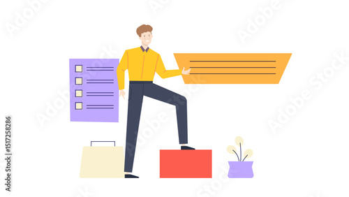 Man standing on block with sign, suitable for protests, demonstrations, activism, promotion, announcements, advertisements, campaigns, public speaking, activism illustrations.