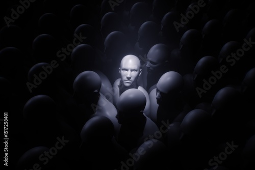 One Different Among Clones – 3D Render of Human Figures in Darkness