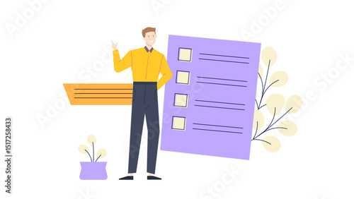 Man points to a checklist with four boxes, suitable for productivity, organization, task management, completion tracking, and goal setting concepts.