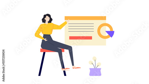 Woman sitting on a stool pointing at a webpage. Perfect for web design, social media promotion, online marketing concepts.
