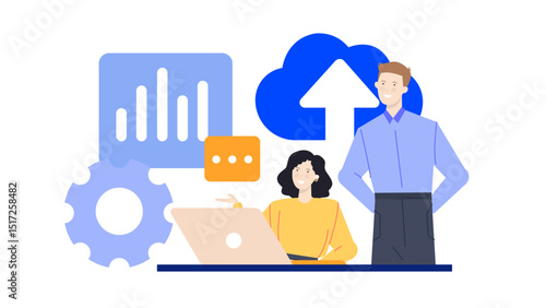 Two people collaborating on a laptop with cloud and gear, ideal for technology, teamwork, remote work, and cloud computing concepts.