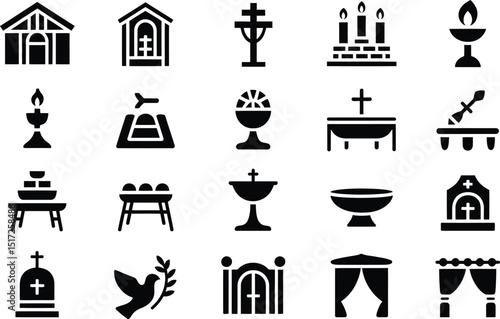 Black and white icon set of religious symbols and church elements depicting faith and spirituality