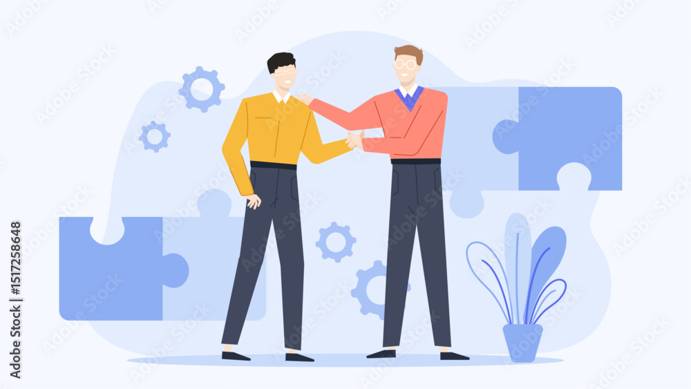Fototapeta premium Two men shaking hands with blue puzzle pieces and a plant for business partnerships, teamwork, collaboration, environmental projects, and growth.