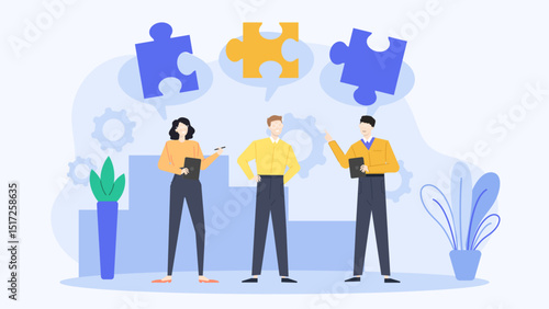 Three people looking at puzzle pieces, teamwork, collaboration, problem-solving, strategy, brainstorming, group dynamics, teamwork motivation exercises, team building activities.