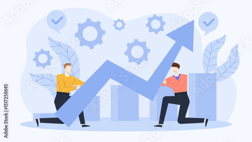 Two men pushing an upward blue arrow with blue bars, suitable for business growth concepts, financial success presentations, and team motivation graphics.