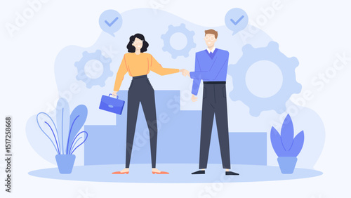 Man and woman shake hands in front of gear icons. Suitable for business partnerships, teamwork, technology related concepts, collaboration projects, networking.