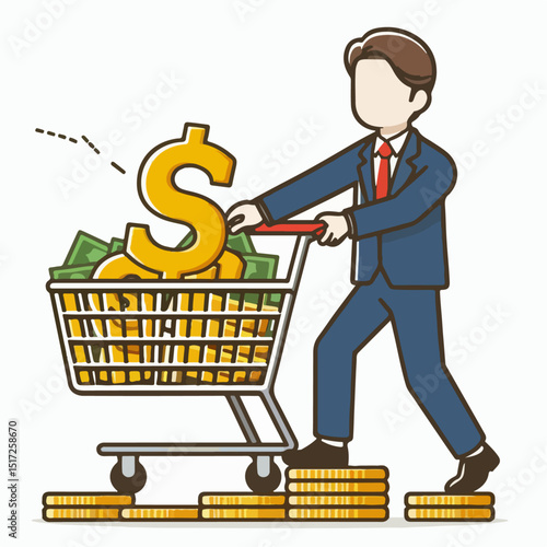 cartoon vector illustration of person pushing money market basket