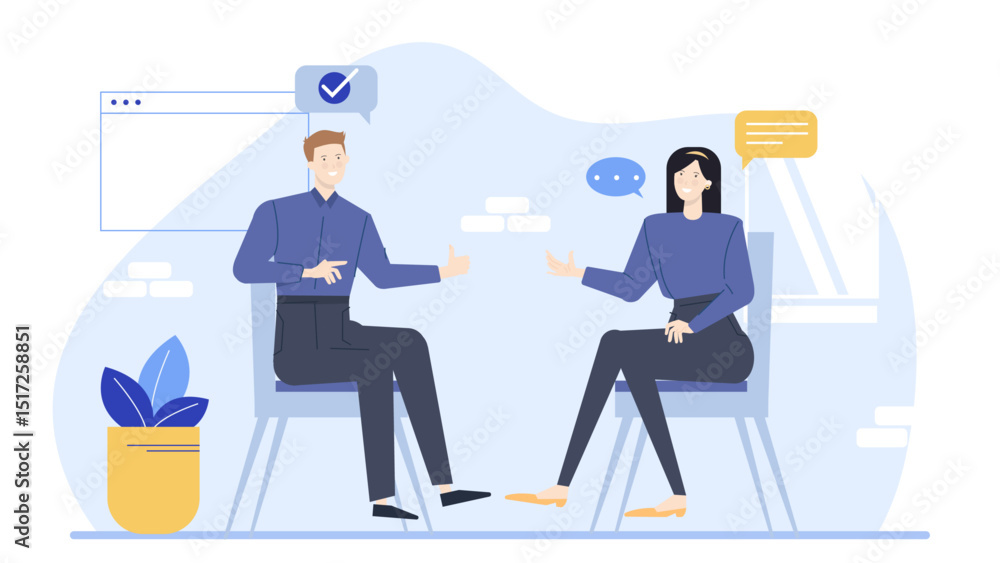 Fototapeta premium Man and woman sitting comfortably, engaged in conversation. Suitable for relationship, communication, and social interaction concepts in marketing materials.