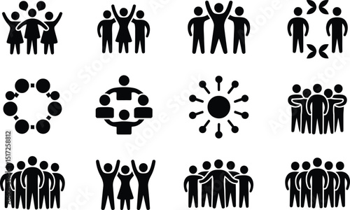 Collection of diverse teamwork and group icons featuring people illustrating collaboration and unity concepts