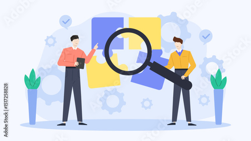 Two men examining a puzzle with a magnifying glass. Suitable for teamwork, problem-solving, detective concepts in business or education presentations.