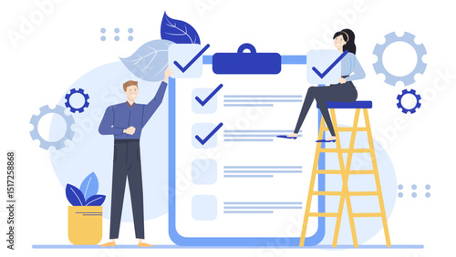 Man and woman with checklist, completion, organization, task management, teamwork, progress monitoring, planning, efficiency, collaboration, project tracking concepts.